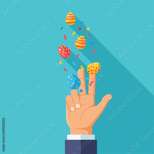 Hand tossing decorated eggs and confetti against a blue background