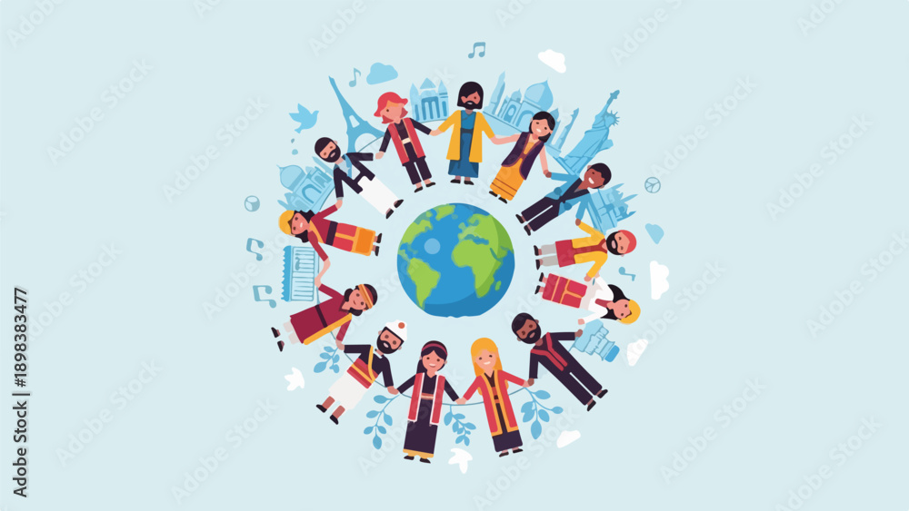Obraz premium Diverse people holding hands around a globe with iconic landmarks