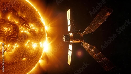 A satellite explores the radiant sun, its solar panels catching light against a star-filled cosmos