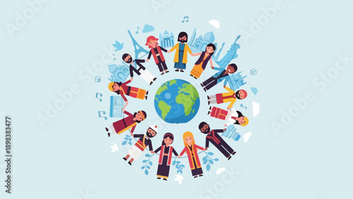 Diverse people holding hands around a globe with iconic landmarks