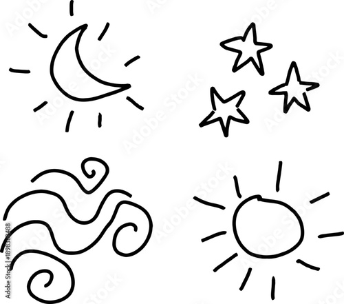 Set of children's doodles: moon, sun, stars, wind. Drawn with crooked black grunge lines