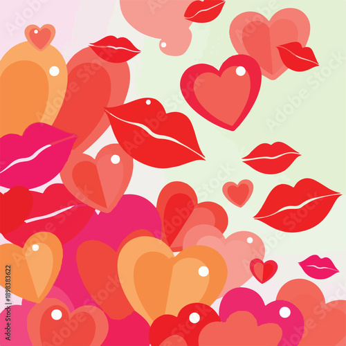 Colorful hearts and red lips, celebrating love and affection in a cute style