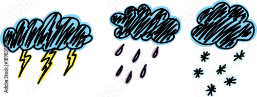 Childish doodle hand-drawn blue clouds, yellow thunderstorm, rain, and snow. Naive style childish vector elements isolated on white background. Drawn with crooked black grunge lines