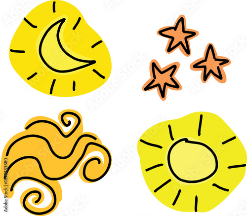 A set of children's drawings in bright warm yellow shades: moon, sun, stars, wind. Drawn with crooked black grunge lines