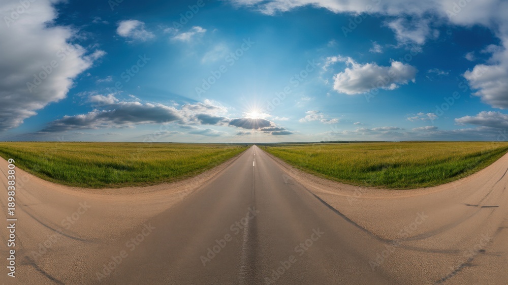 Fototapeta premium Wide angle view of an asphalt road through lush green fields under a blue cloudy sky