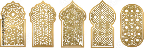 Elegant golden Islamic architectural patterns, intricate arabesque designs and traditional geometric motifs, ideal for cultural decoration, window accents, and Middle Eastern art projects