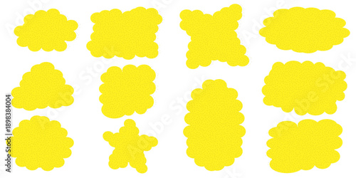 Fluffy label shape, yellow dotted clouds set with star, circle, rectangle, triangle isolated.