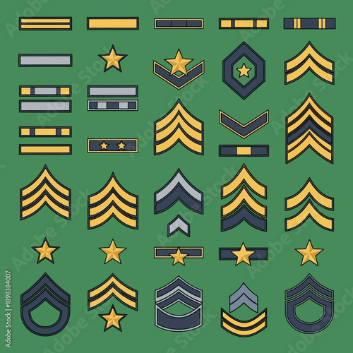 Military Rank Insignia Collection: Chevrons, Stripes, and Stars on Green Background