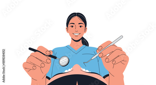First Person Point of View of a Smiling Female Dentist Holding Dental Mirror and Pick Tools Ready for a Teeth Examination and Oral Healthcare Treatment.