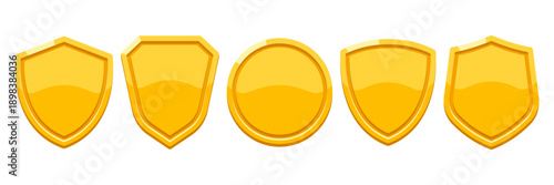 Set of gold medals and shields. Game award for the winners. Illustration of prize for sports competitions.