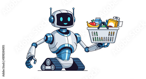 Modern Robot on Tank Treads Holding a Grocery Basket Full of Food Items Including Milk Bread and Fruit Representing Automation in Retail and Shopping Services.