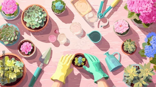 Gardening Therapy: Top View Illustration of Hands in Colorful Gloves Planting Succulents and Flowers on a Pink Table