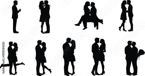 Romantic couple silhouettes, kissing lovers, hugging partners, emotional moments, same sex love, seated couples, bouquet, passion, dating, relationship