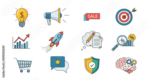 Colorful vector icons representing concepts such as finance, marketing, and business