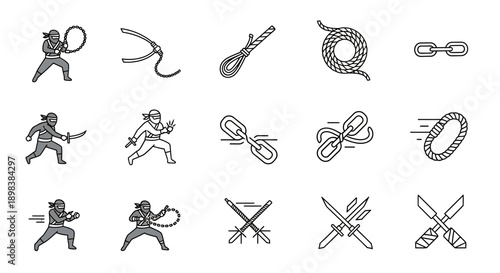 Martial Arts Silhouettes and Weapon Icons.