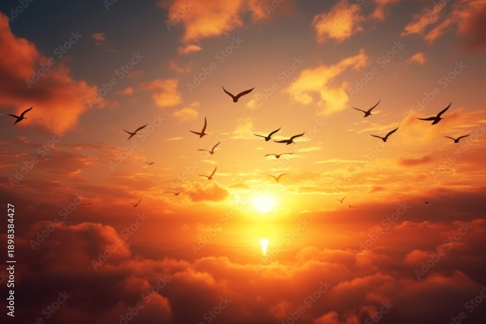 Fototapeta premium Photo of sunset in the sky sunlight flying bird.