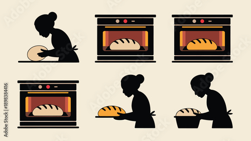Baker Silhouette Baking Loaf of Bread in Modern Electric Oven with Warm Lighting for Cooking Illustration