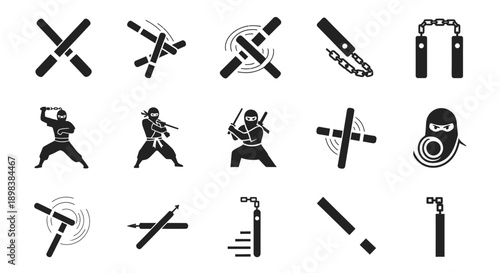 Ninja Silhouettes and Martial Arts Weapons.