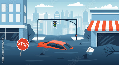 Vector illustration of a submerged car and traffic lights in a flooded city street during a natural disaster