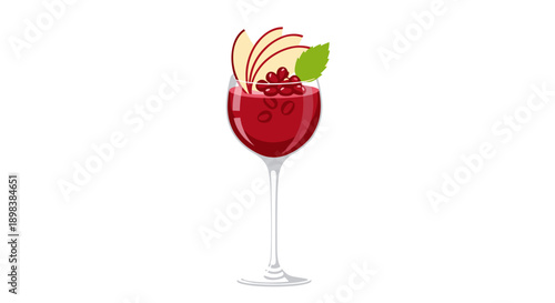 Deep Red Wine Glass Filled with Pomegranate Seeds and Garnished with Sliced Apples and a Green Mint Leaf for Seasonal Beverage and Health Drink Concepts.