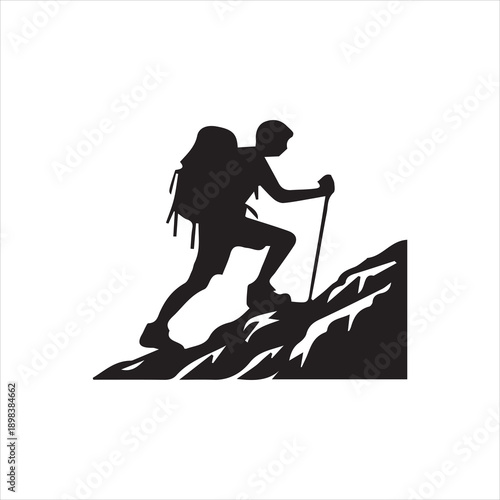  Black silhouette of a person hiking up mountain Vector Image