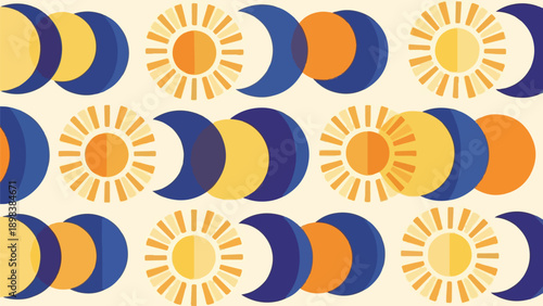 Repeated suns and moons of varying phases in orange, yellow and blue on beige