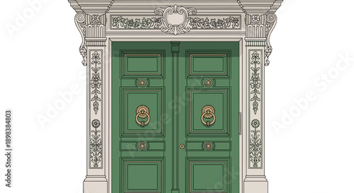 Large Ornate Green Double Doors with Intricate Gold Knockers and Detailed White Architectural Frame Representing Luxury Entrance and Grand Building Design.