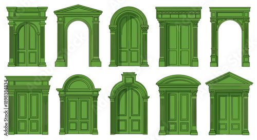 Grid Collection of Ten Different Ornate Green Architectural Doorways and Arches Displaying Various Classical Styles for Design Inspiration and Building Elements.