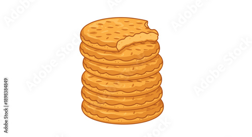 Vertical Stack of Golden Crisp Round Crackers with One Bitten Piece on Top Set Against a Plain White Background for Snack Food Advertisement and Editorial Use.