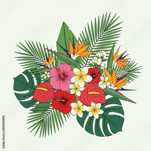 Tropical flower arrangement featuring various vibrant blooms