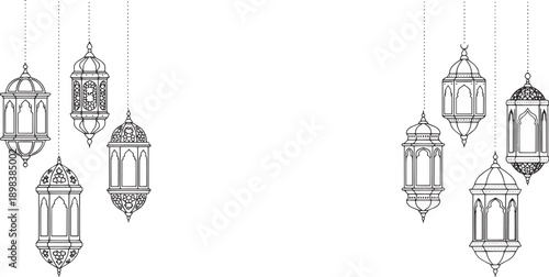 Ramadan lanterns hanging on strings for celebration and decoration, islamic tradition and arabic culture