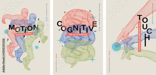 Abstract posters representing AI intelligence concepts with 3D wireframe human, brain and hands. Visualizing machine learning cognition, neural networks, and human-computer interaction for tech design