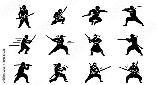 Silhouettes of Samurai in Various Fighting Stances.