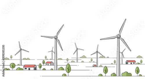 Sustainable Wind Farm Landscape with Modern Turbines Green Trees and Small Houses Under a Clear White Sky for Renewable Energy Concept and Environmental Conservation.