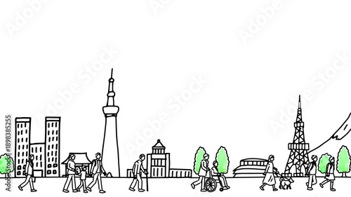 横浜の観光地と人々の手描きループアニメーション