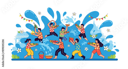 Illustration of people playing with water guns amid large splashes