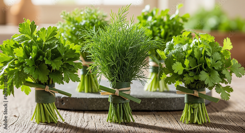 Fototapeta premium Assorted fresh green herbs tied in bunches on wooden surface