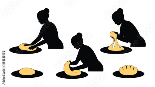 Woman Kneading Dough Silhouette in Various Stages with Soft Focus and Warm Lighting for Culinary Illustration