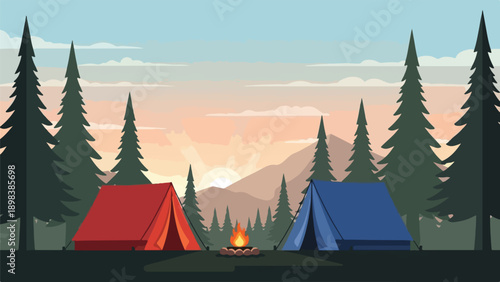 Illustration of two tents, a campfire, and trees in a mountain scene at sunset