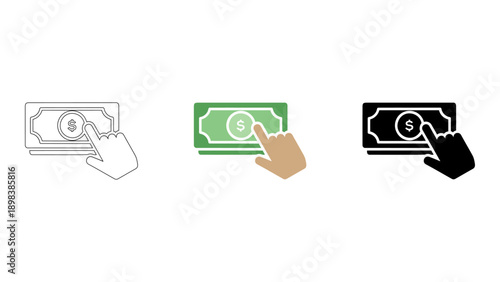 representation of cash payment confirmation with hand clicking on dollar bill