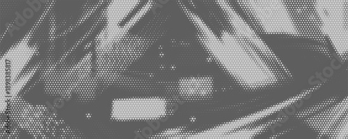 Abstract halftone background featuring hexagonal dot patterns forming dynamic diagonal shapes and layered textures on a gray surface. The geometric honeycomb design