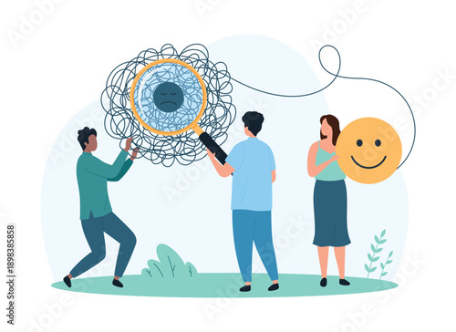 Mental health problem, psychotherapy. Tiny people study messy chaos of threads through magnifying glass, holding happy emoji face to change mood from negative to good cartoon vector illustration
