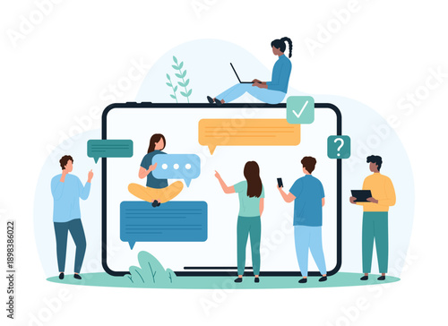 Chat messages, communication via messenger mobile app on tablet screen. Tiny people holding push notification and text SMS speech bubbles of conversation, feedback comment cartoon vector illustration