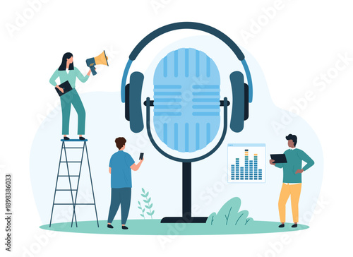 Record and listen to audio online. Tiny people use studio microphone and headphones for recording and listening sound of music podcast or radio broadcast, voice interview cartoon vector illustration