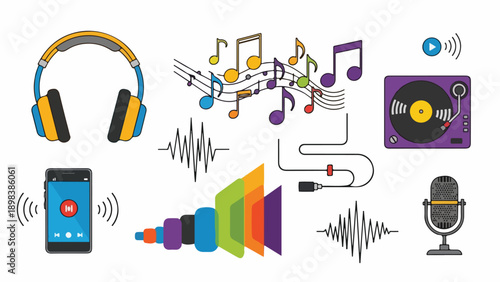 Various tools and elements representing digital and analog sound production