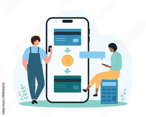 Direct payment between two credit cards in mobile app, bank transaction, fintech platform. Tiny people transfer and pay, send and receive money with big smartphone cartoon vector illustration