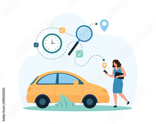 GPS navigation for city travel, online tracking of route, time and location on map. Tiny woman with phone and magnifying glass finds yellow rental cab for trip around town cartoon vector illustration