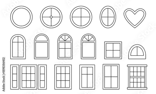 Outline drawing of windows. Set isolated on a white background. Different window shapes for houses. Vector illustration, linear icon. Element of architectural decoration of the building.