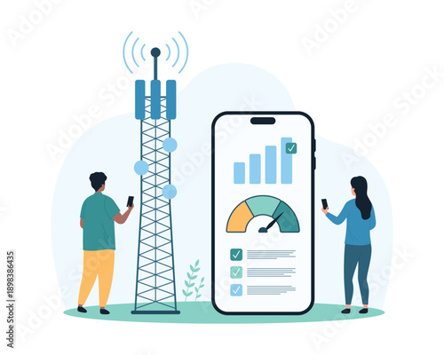 High speed internet signal, fast data download. Tiny people loading files with fast wireless connection, test level with online speedometer on mobile phone screen cartoon vector illustration
