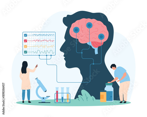 Medical examination of nervous system in hospital, neuroscience and neurology diagnosis and treatment. Tiny people research brain in human head with electroencephalography cartoon vector illustration